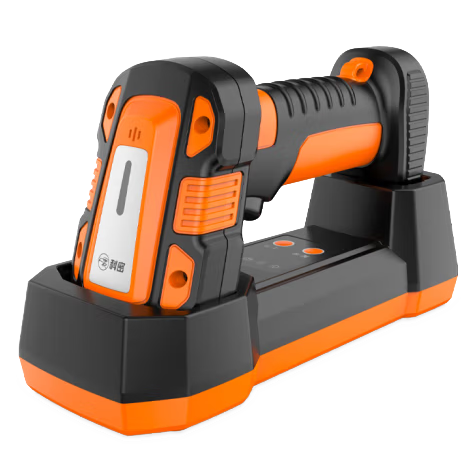 Escáner Comet TE530D naranja y negro colocado en su base